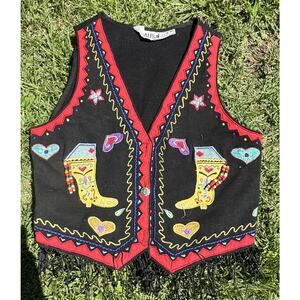Monalisa Women's Western Cropped Vest Beaded Embroidered Fringe Open Front Med